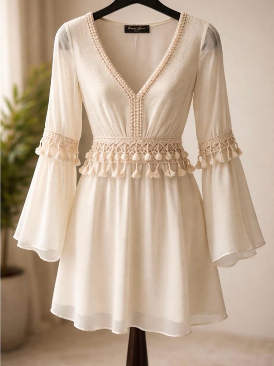 Laura Jane Paris Dresses & Skirts - Ivory Bell-Sleeve Tassel Trim Dress